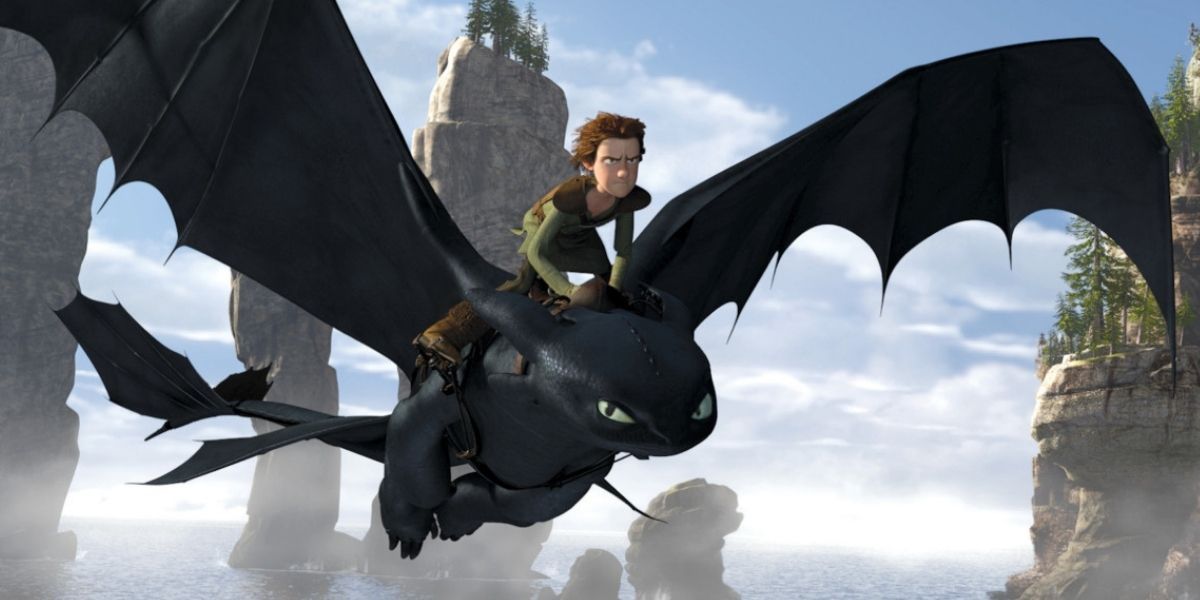 Hiccup riding Toothless in How To Train Your Dragon (2010)