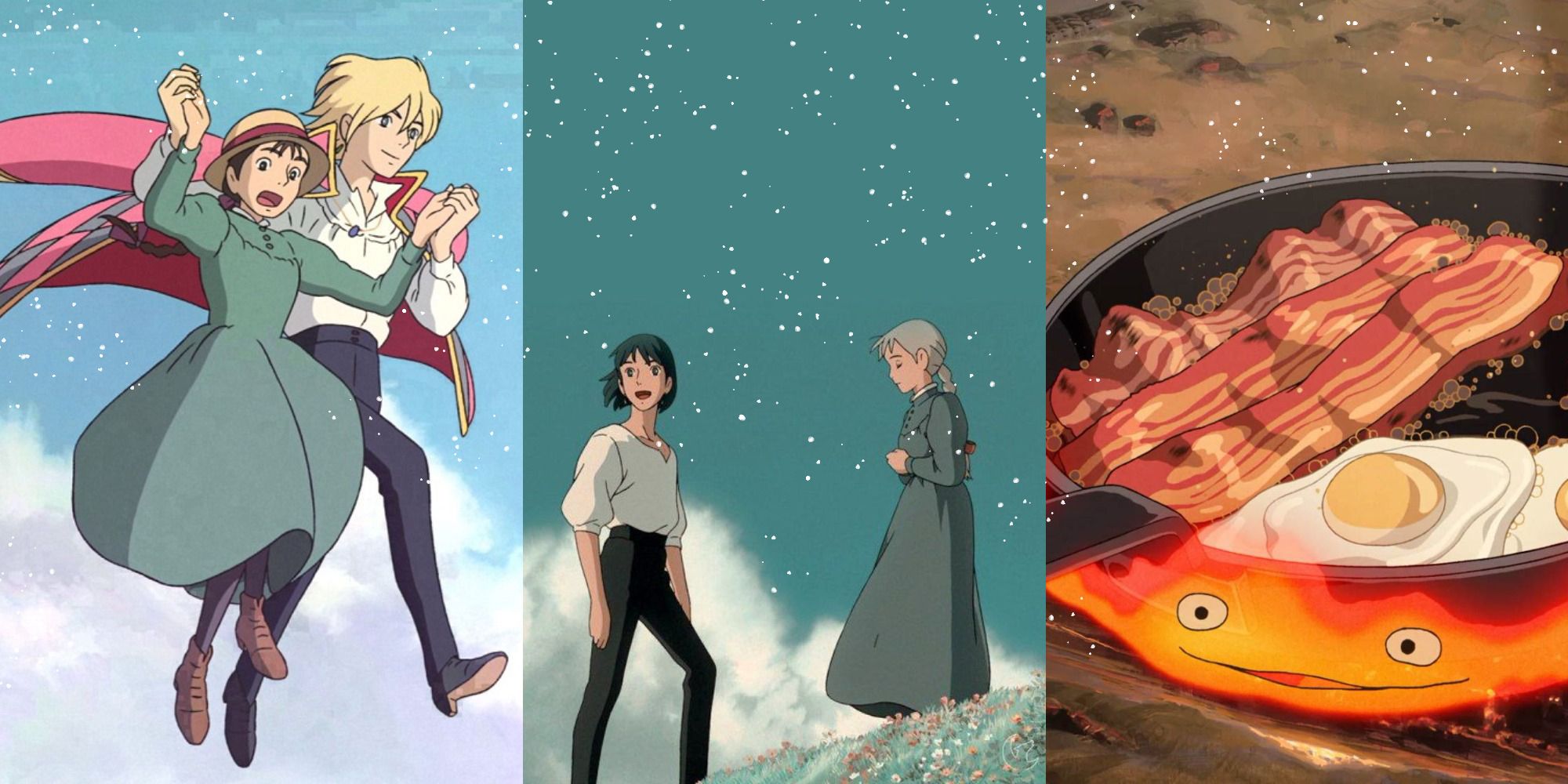 Split image of Howl and Sophie walking in air, with Howl and Sophie on a hill, with Calcifer cooking breakfast in Howl's Moving Castle.
