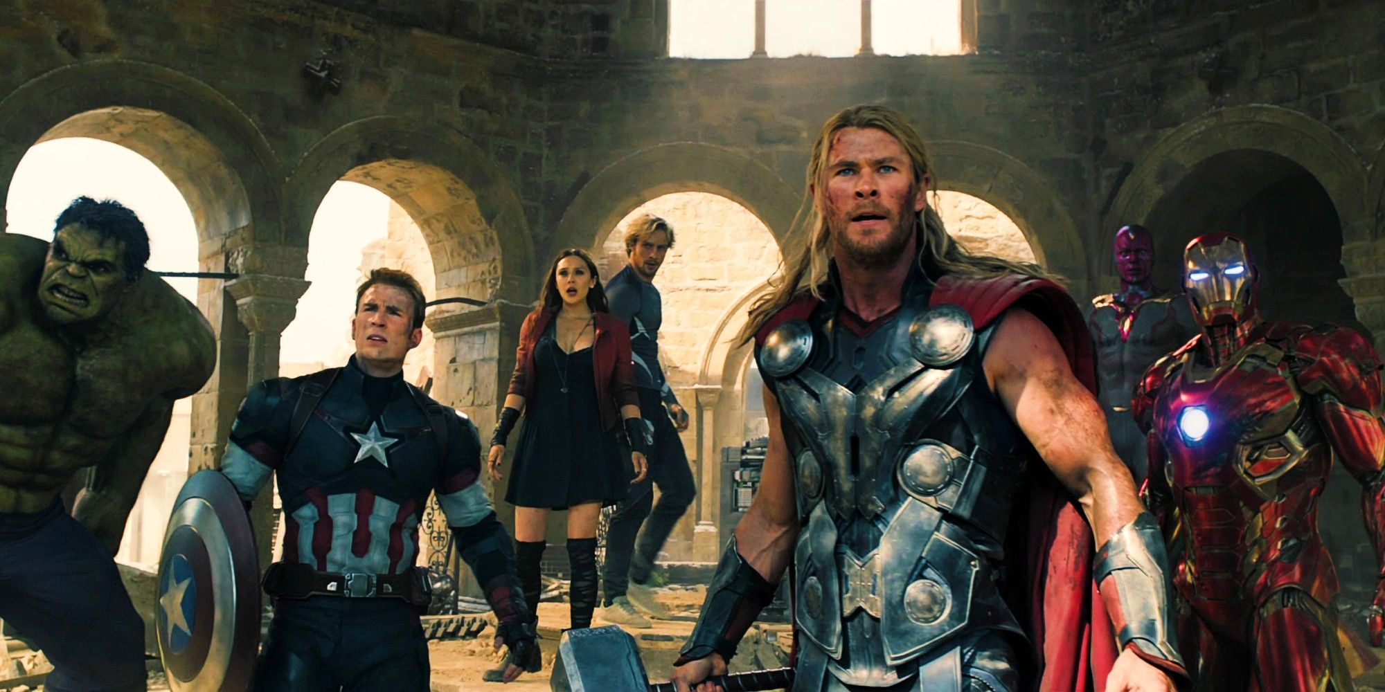 Hulk, Captain America, Scarlet Witch, Quicksilver, Thor, Vision and Iron Man in Avengers: Age of Ultron.