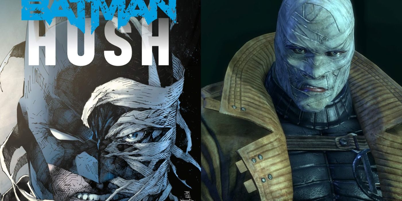 Split image of new cover art for Hush and Hush's character model in Arkham City
