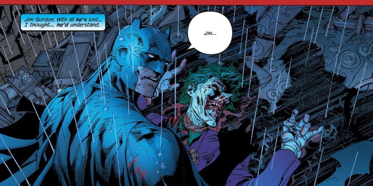 Batman stands over a beaten Joker having just attempted to kill him.