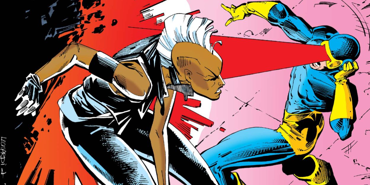 Cyclops blasts a flying Storm against a wall in X-Men comics.