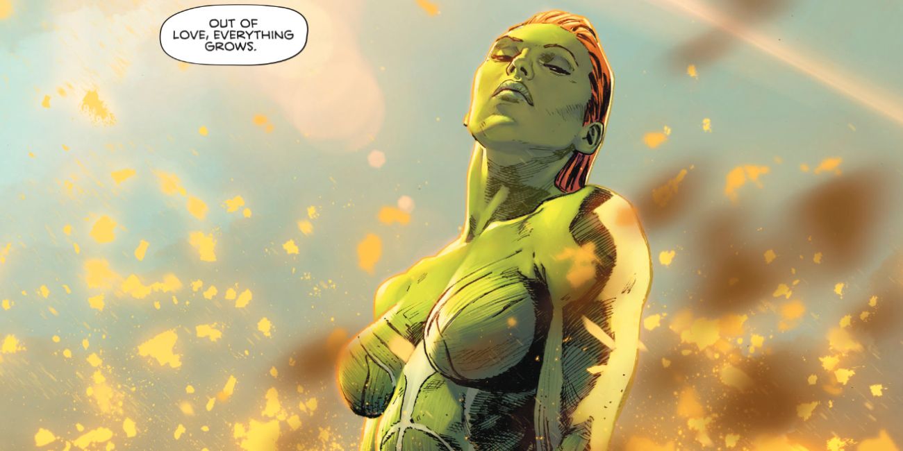 A revived Poison Ivy looks on as the sun shines in Heroes in Crisis.