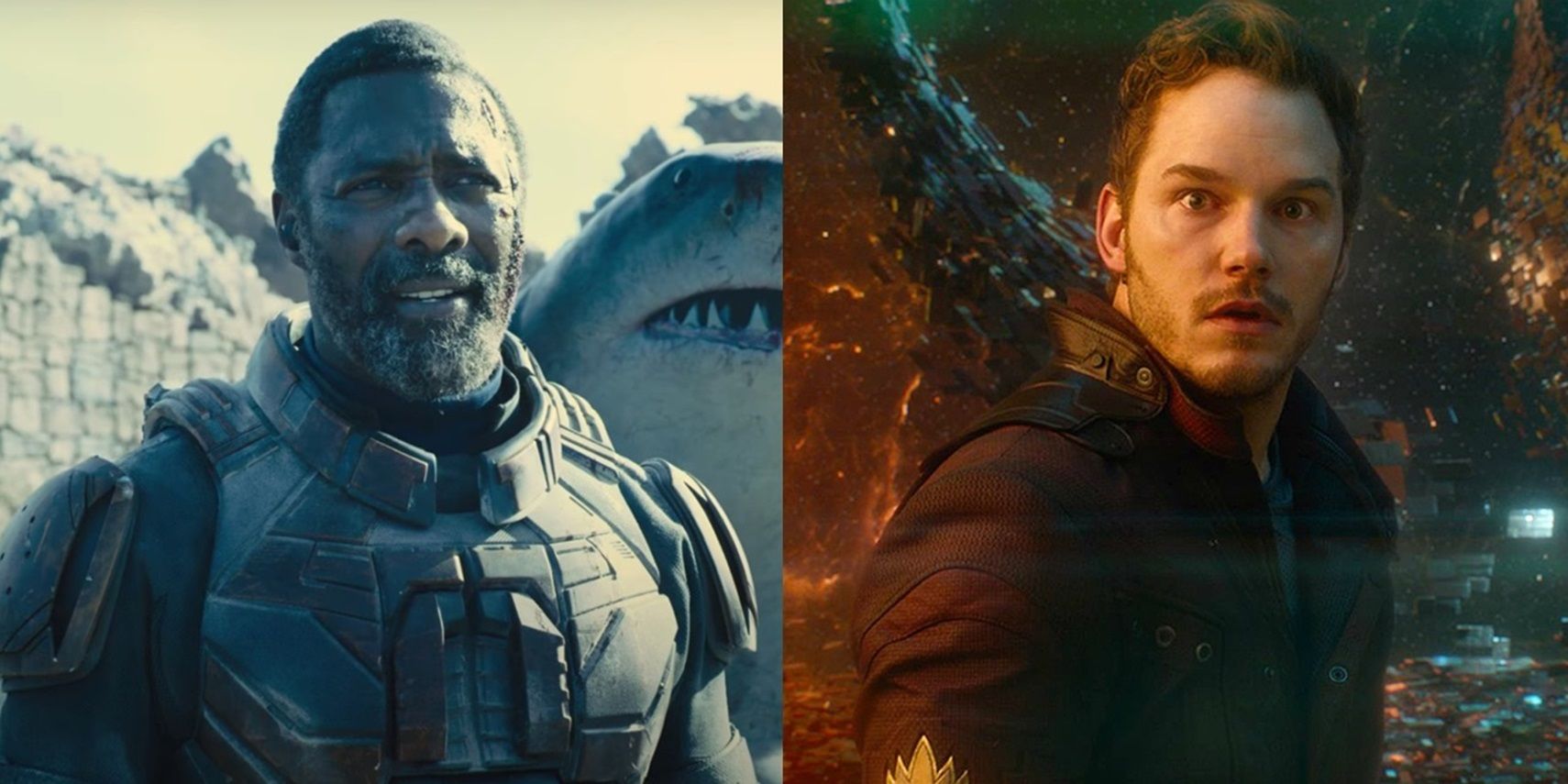 Idris Elba as Bloodsport in The Suicide Squad and Chris Pratt as Star-Lord in Guardians of the Galaxy