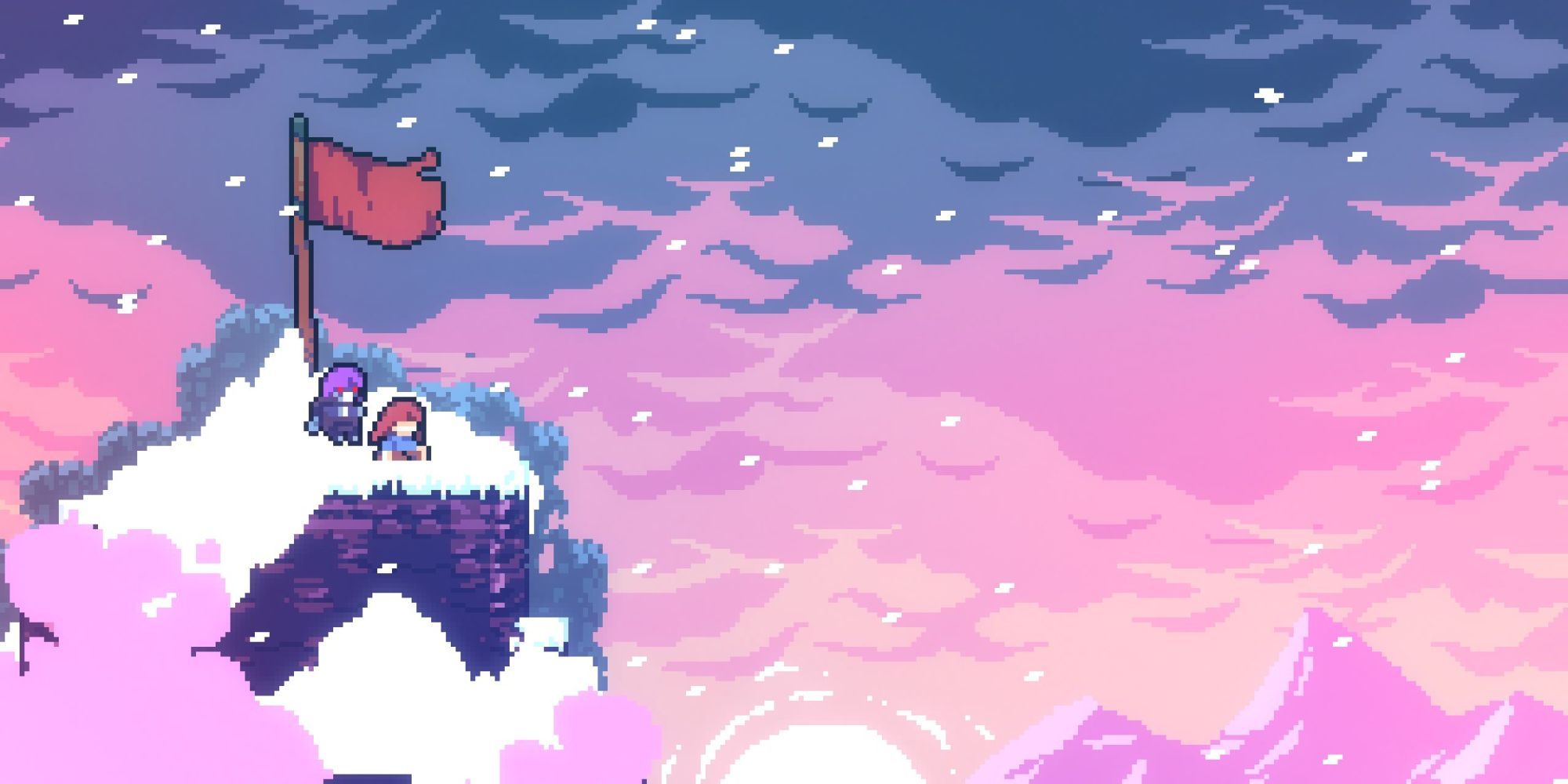 Image from the game Celeste featuring Badeline and Madeline on top of the snowy Celeste mountain.