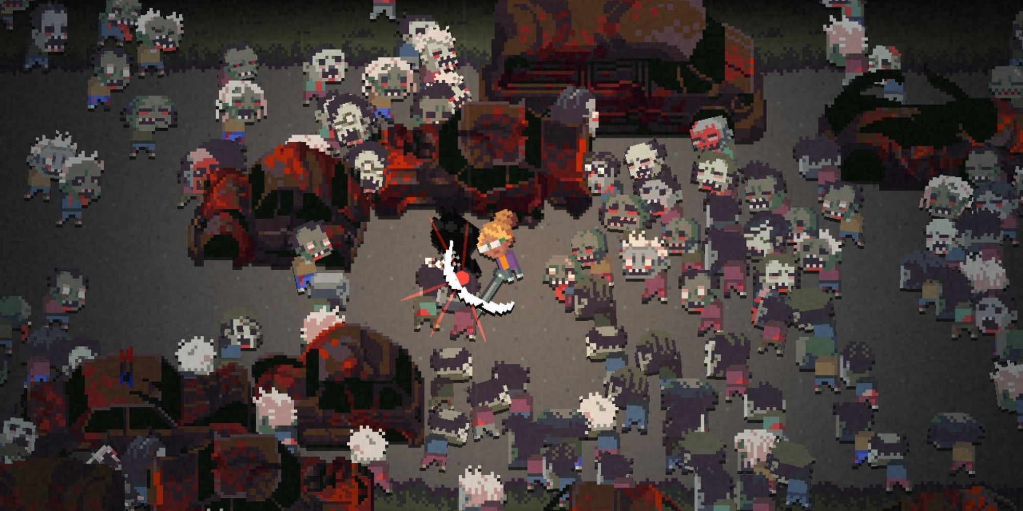 Image from the game Death Road to Canada featuring the player character fighting hordes of zombies