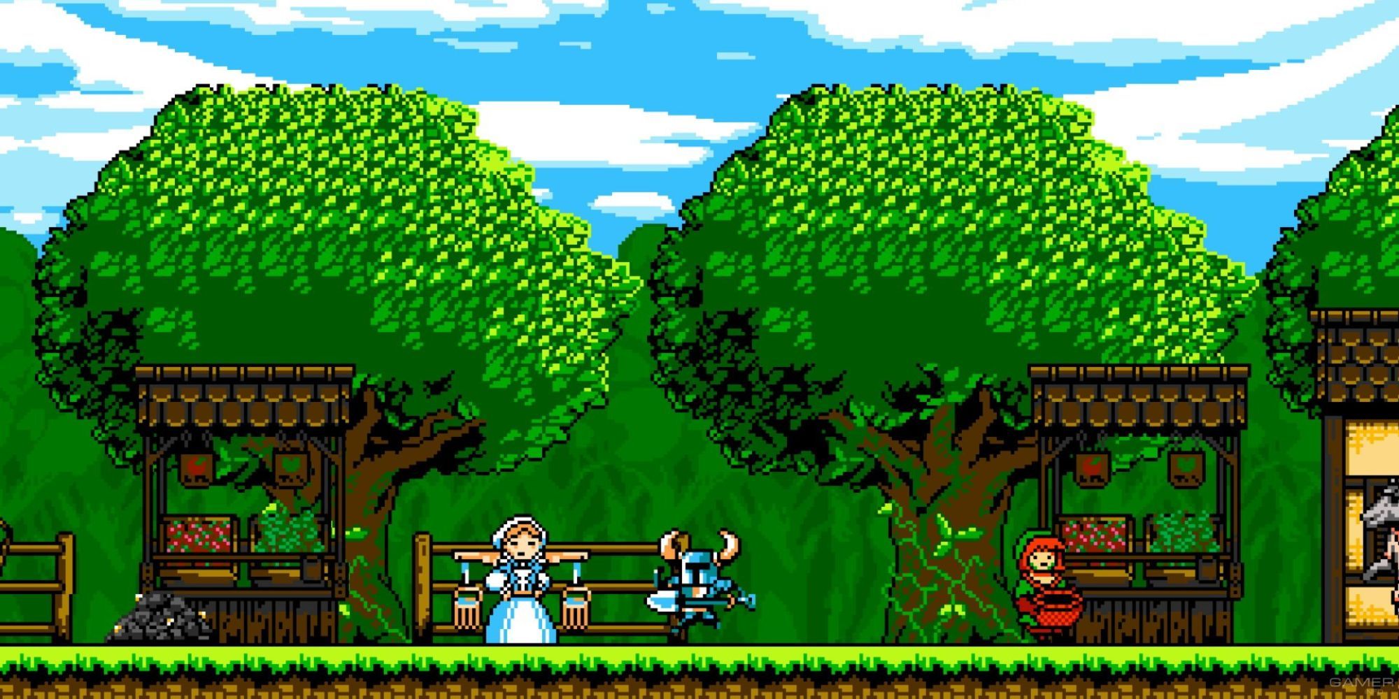 Image from the game Shovel Knight featuring the knight surrounded by green trees