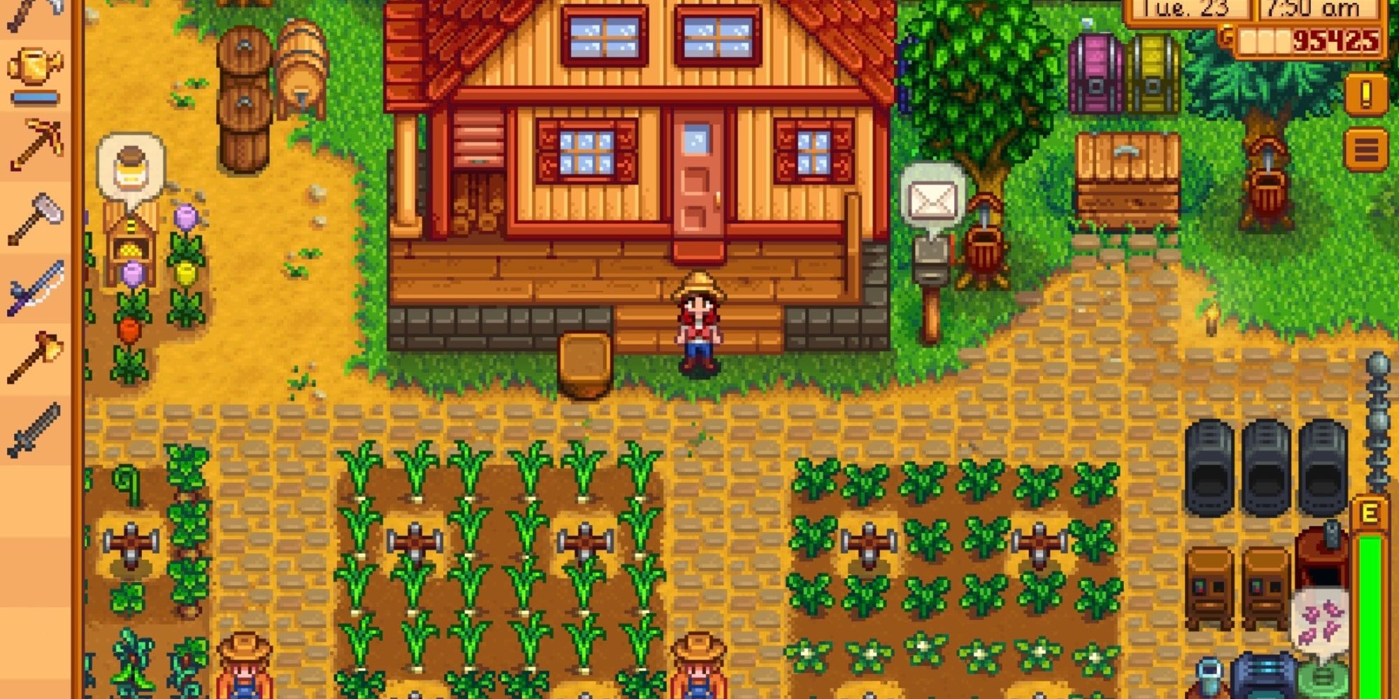 Image from the game Stardew Valley featuring the player character standing inside their farmland