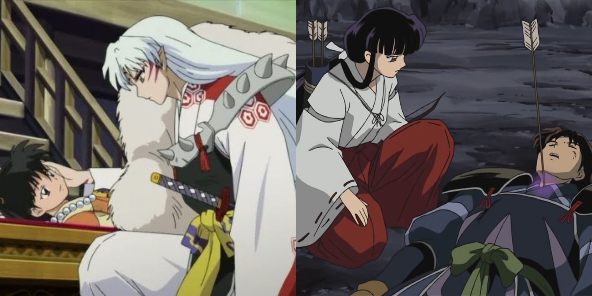 Split image showing Ssshomaru with Rin, and Kikyo with Suikotsu in InuYasha