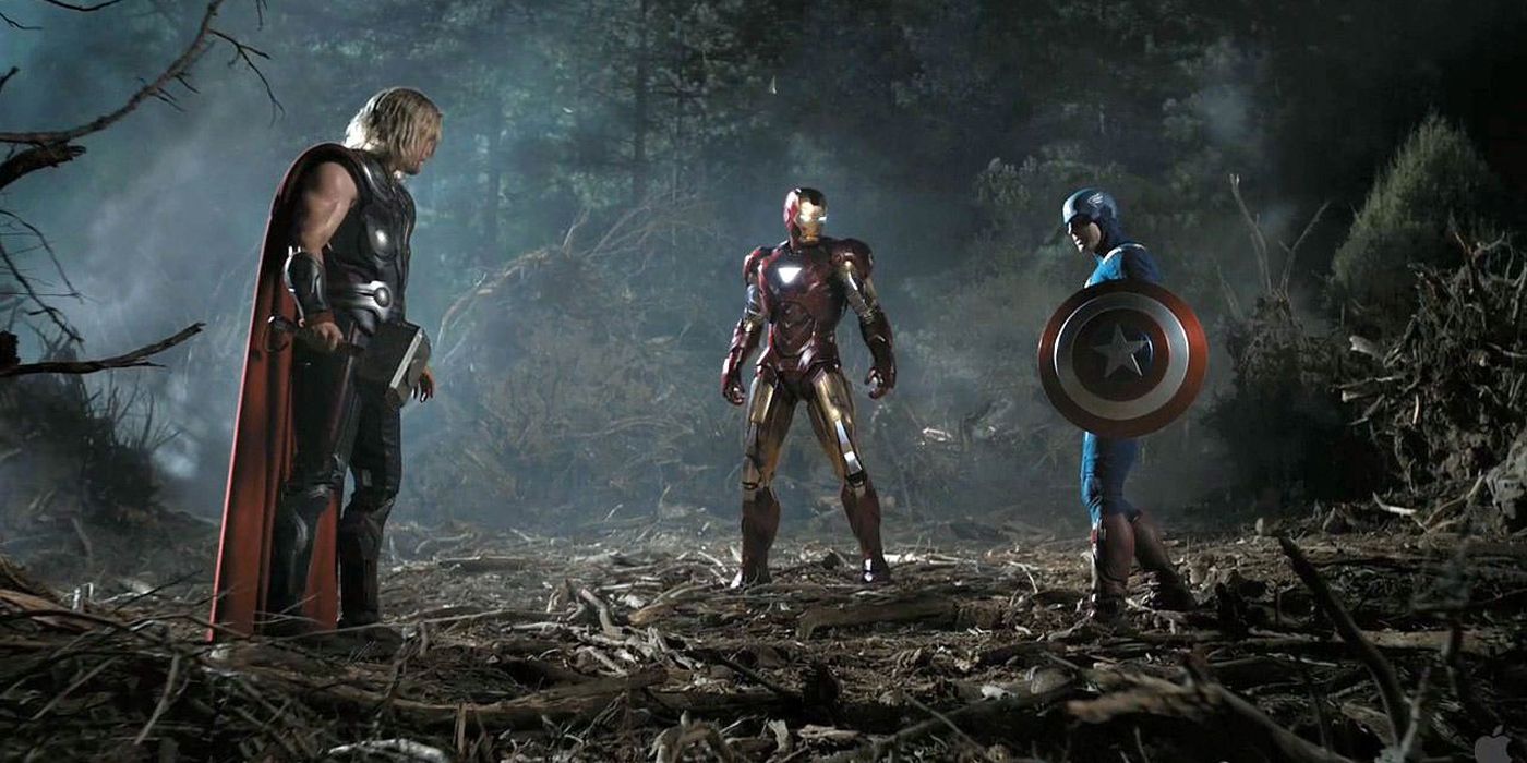Iron Man, Thor and Captain America fighting in The Avengers.
