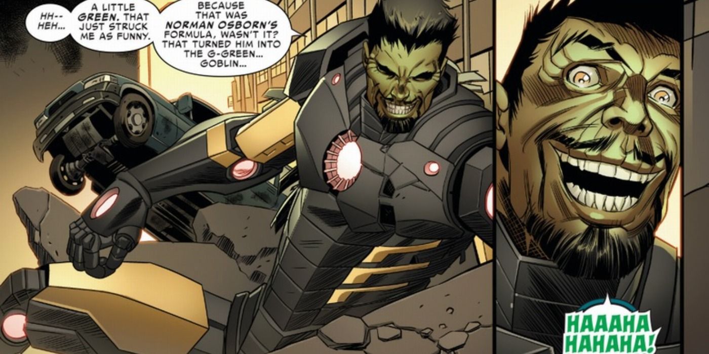 Iron Man becomes the Iron Goblin in Marvel Comics.