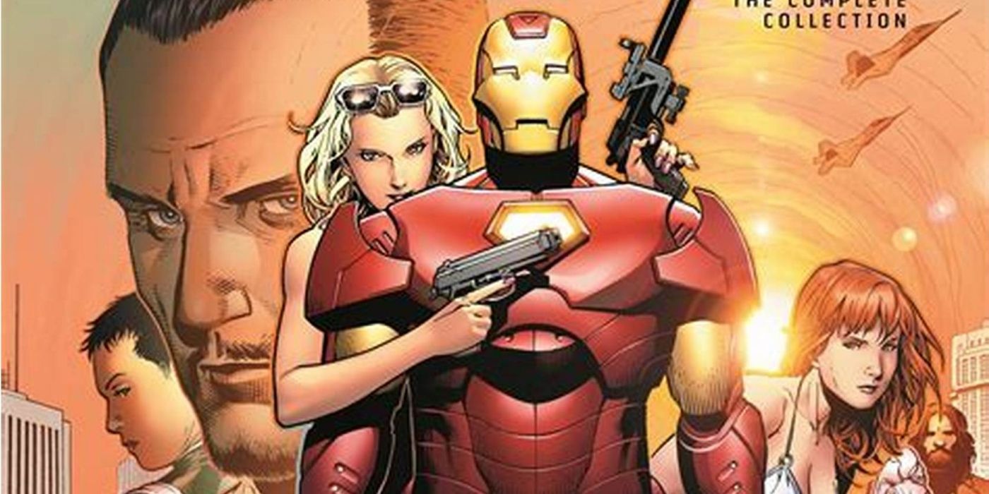 Iron Man standing with a woman holding him from behind on the cover of Iron Man Director of SHIELD