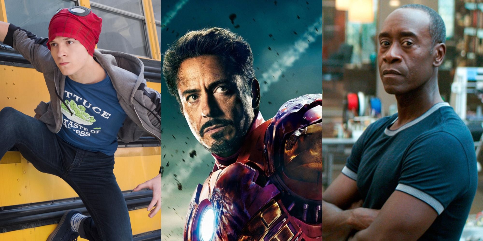 Split image of Spider-Man, Iron Man and Rhodey in the MCU