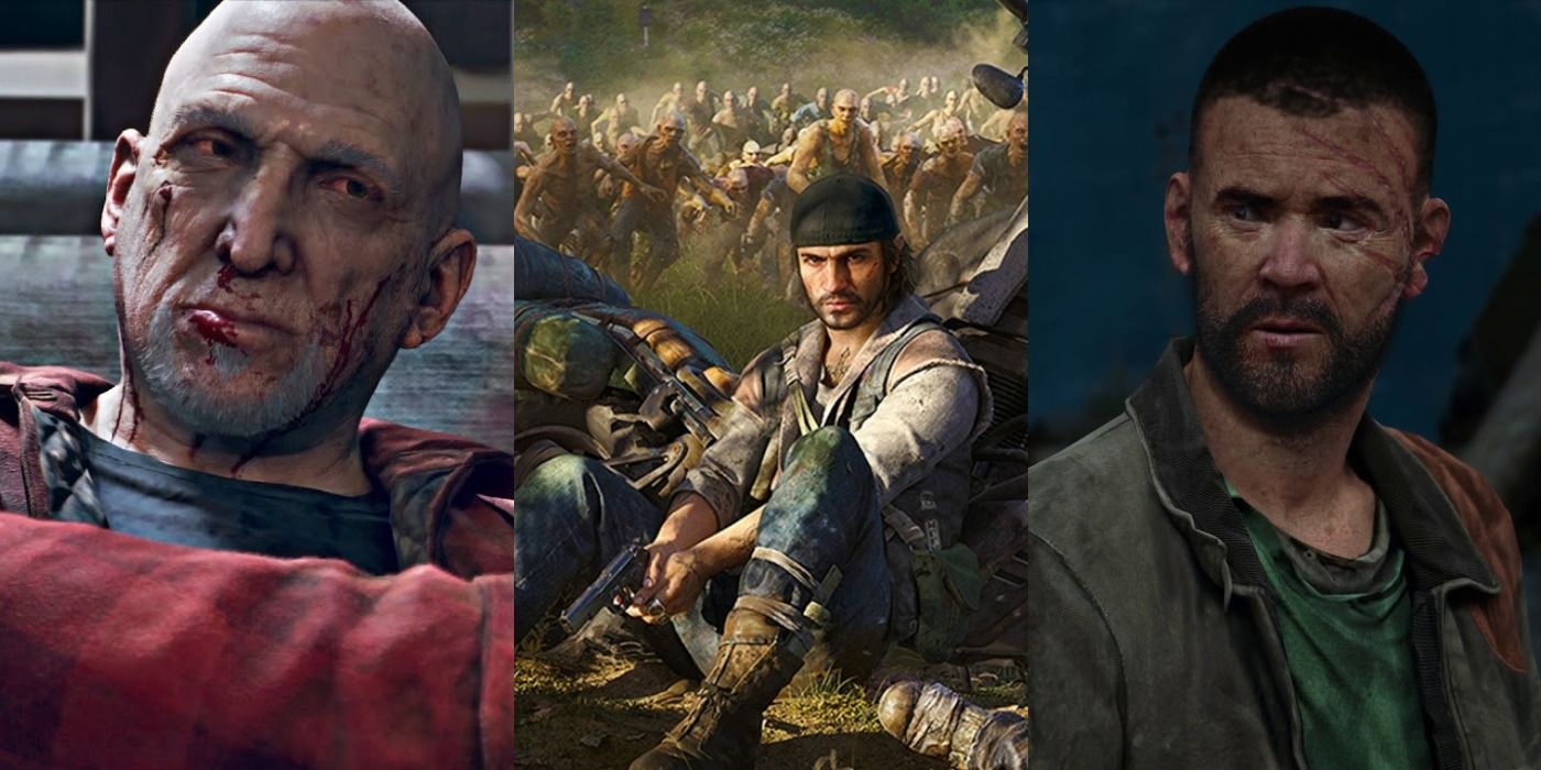 Three images showing Iron Mike injured, Deacon next to his motorcycle, and Copeland in Days Gone.
