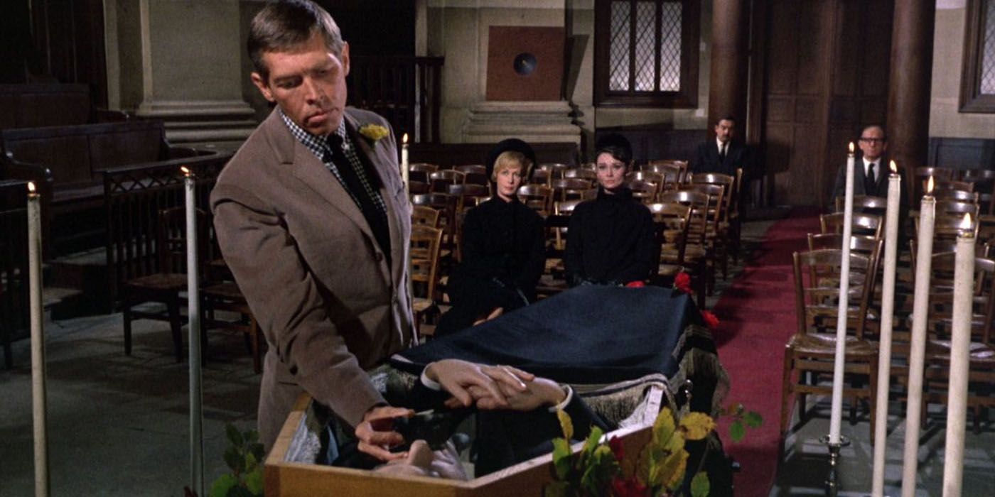 James Coburn at a funeral in Charade