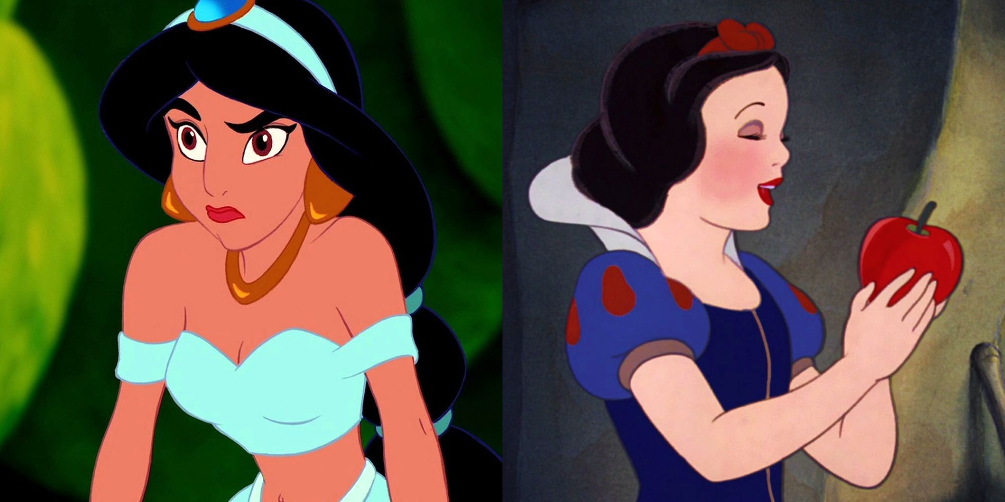 Split image: Jasmine looking annoyed, Snow White regarding an apple