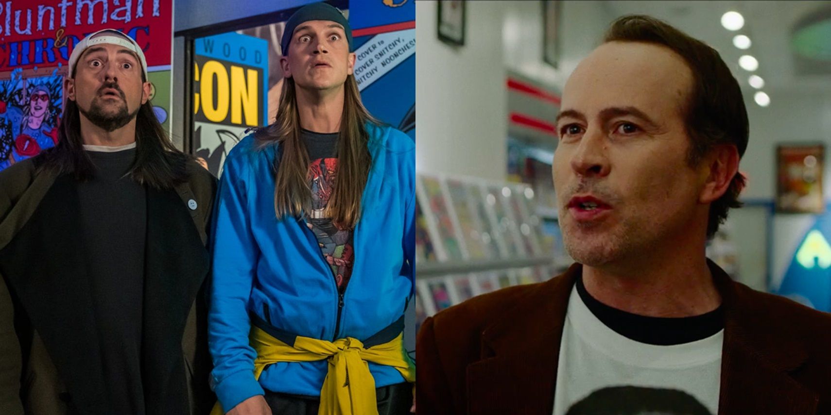 Jay and Silent Bob looking surprised and Brodie in a comic book store in Jay and Silent Bob Reboot