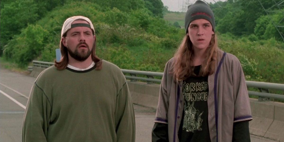 Jay and Silent Bob standing on a highway in Dogma