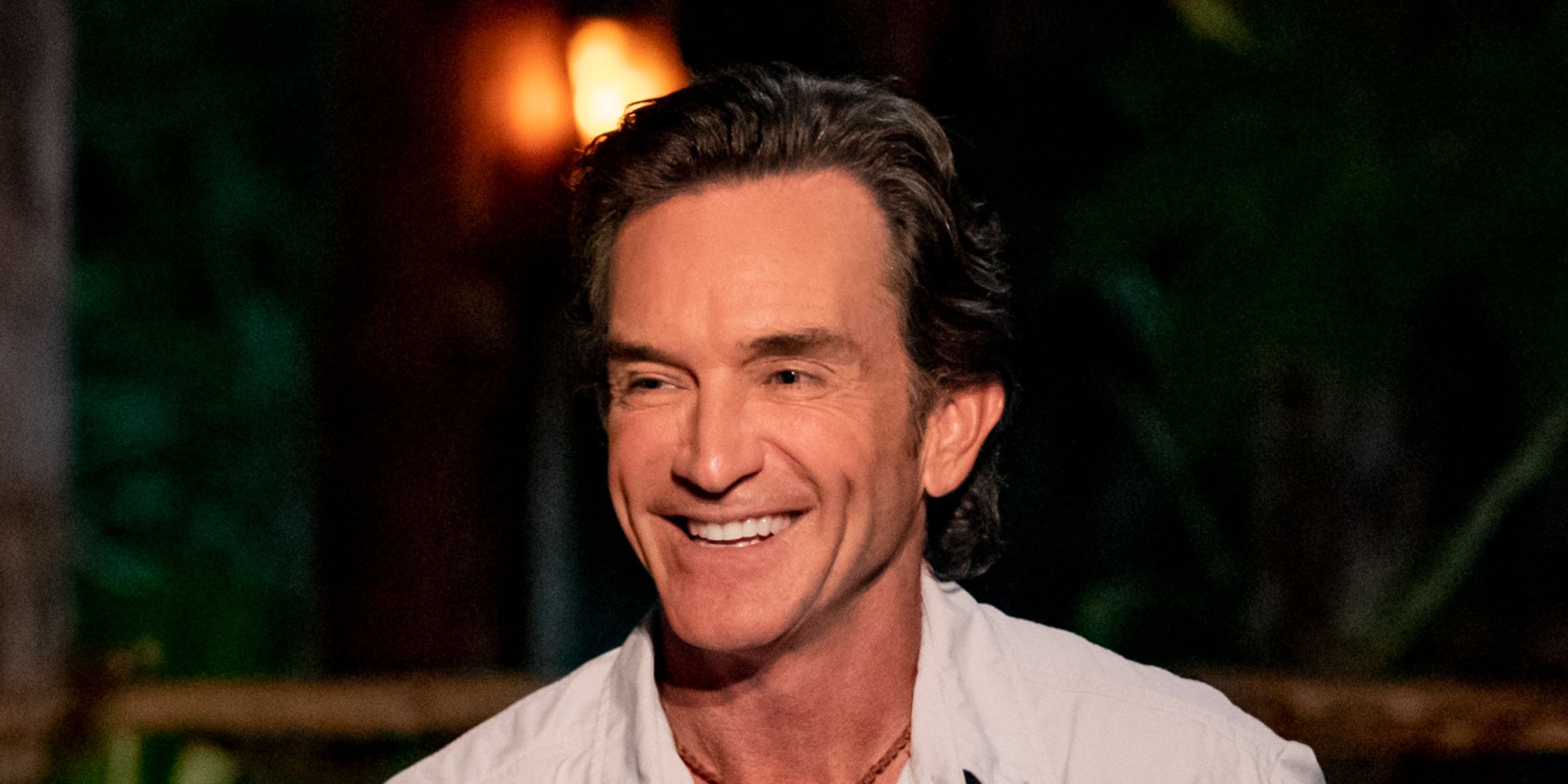 Jeff Probst smiling on Survivor season 41 at Tribal Council