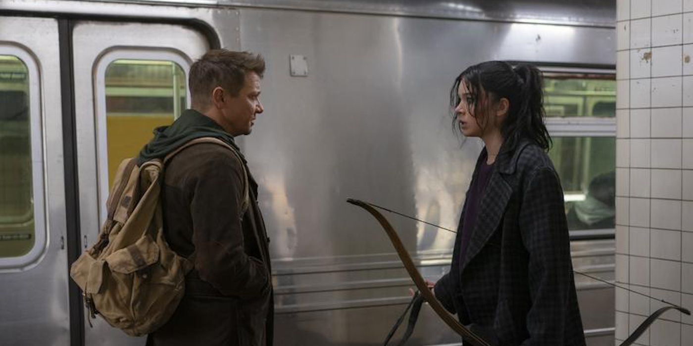 Clint Barton and Kate Bishop with Lucky the Pizza Dog in Hawkeye