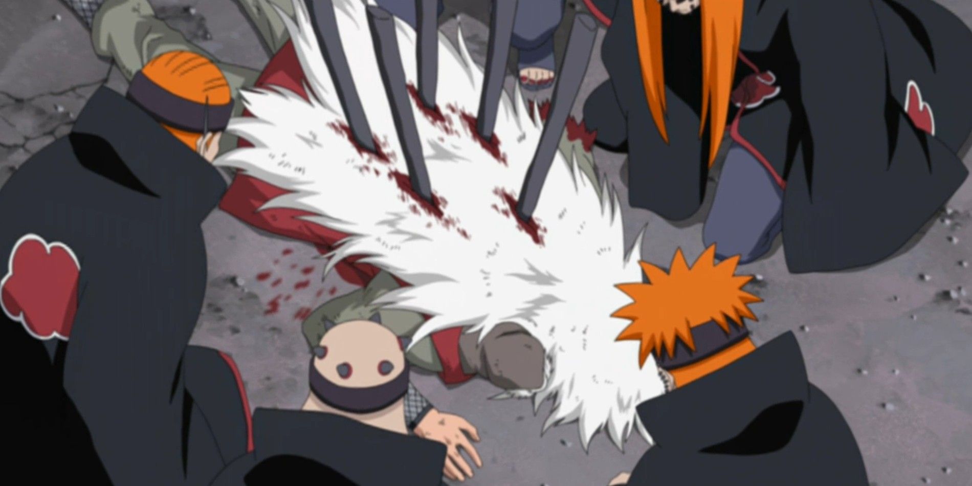 Screenshot from Naruto Shippuden anime show Jiraiya laying on the ground with 5 black rods in his back while 5 versions of Pain surround him.