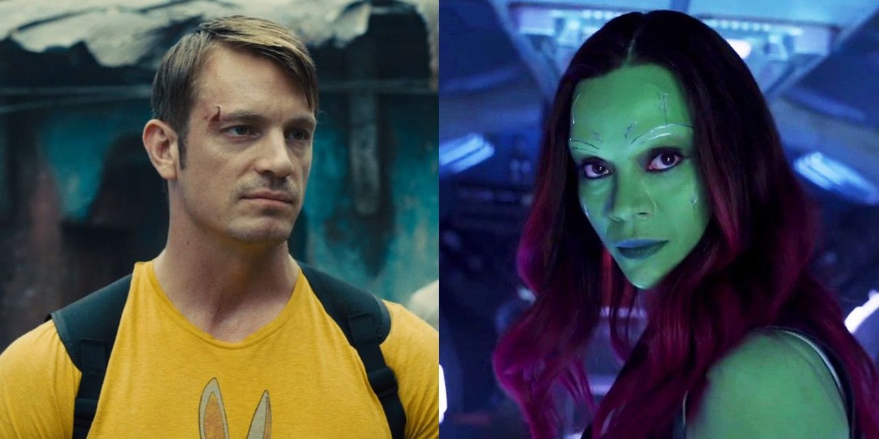 Joel Kinnaman as Rick Flag in The Suicide Squad and Zoe Saldana as Gamora in Guardians of the Galaxy