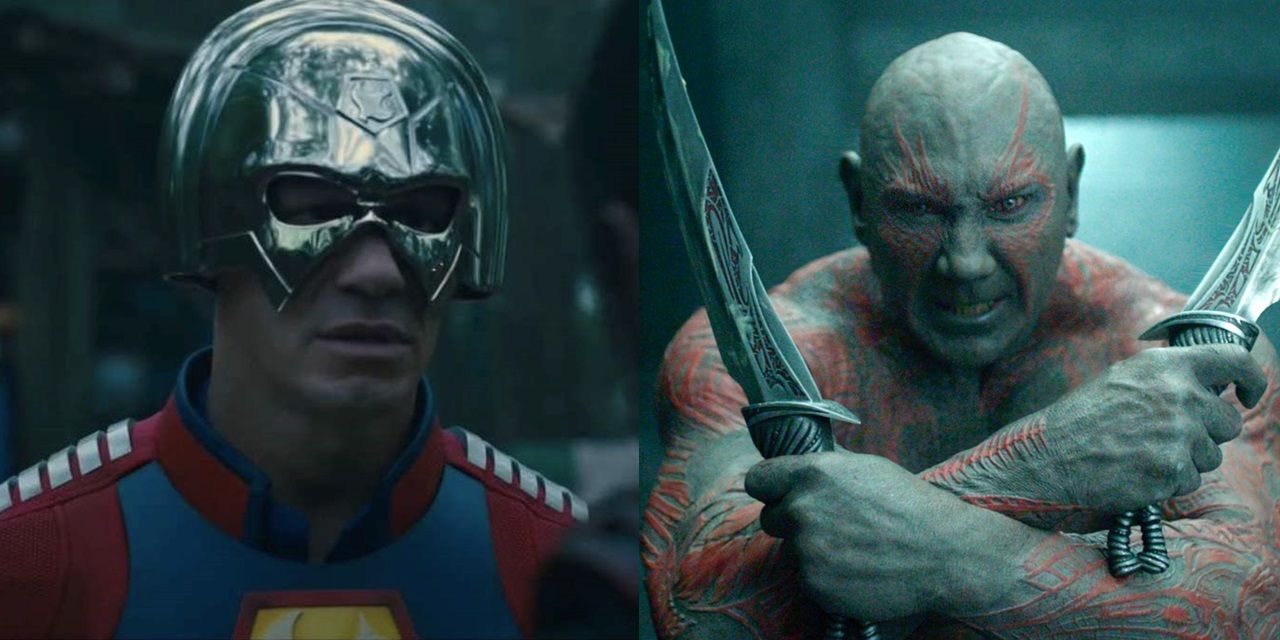 John Cena as Peacemaker in The Suicide Squad and Dave Bautista as Drax in Guardians of the Galaxy