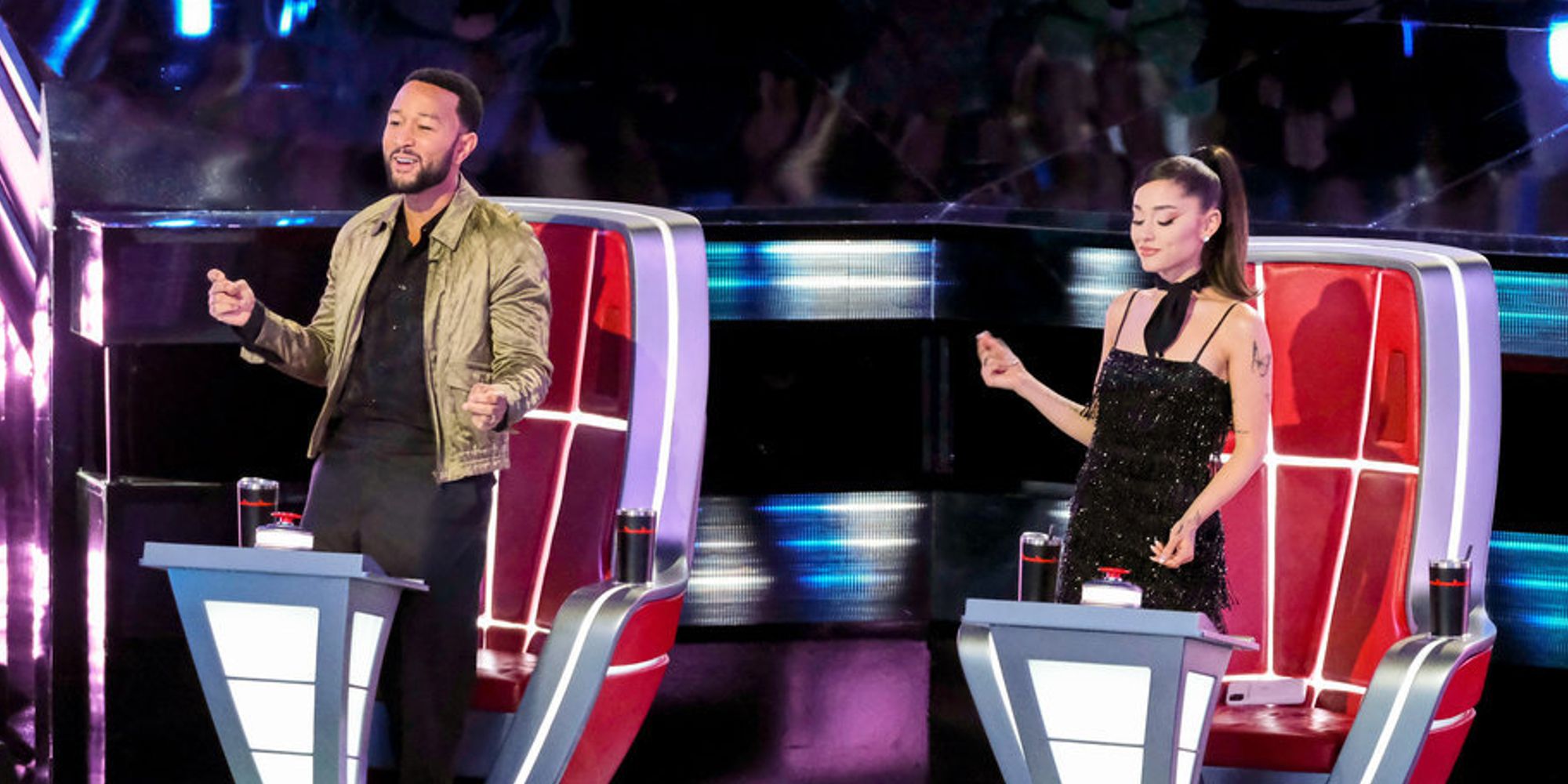John Legend and Ariana Grande on The Voice season 21 after turning their chairs for a contestant