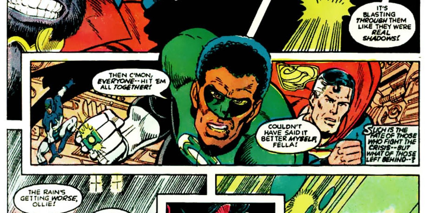 John Stewart e Superman lutam na história em quadrinhos Crise nas Infinitas Terras.