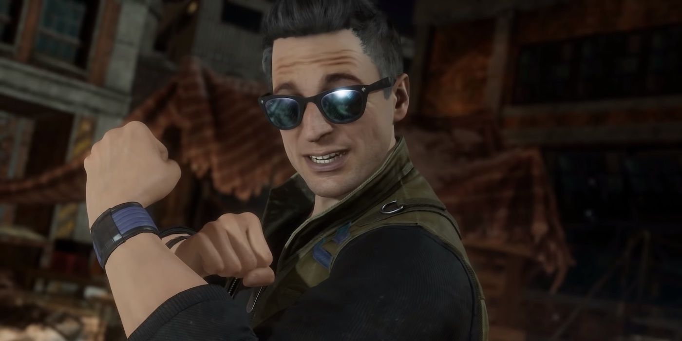 Johnny Cage holds up his fists in a Mortal Kombat game