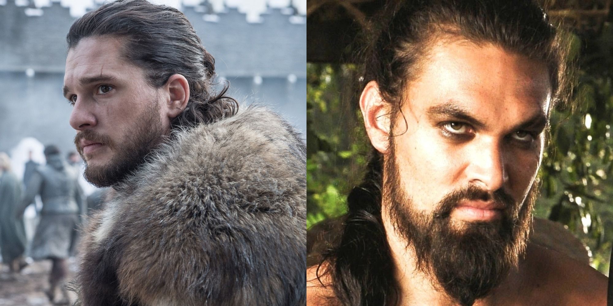 Split image of Kit Harrington as Jon Snow and Jason Momoa as Khal Drogo in Game of Thrones