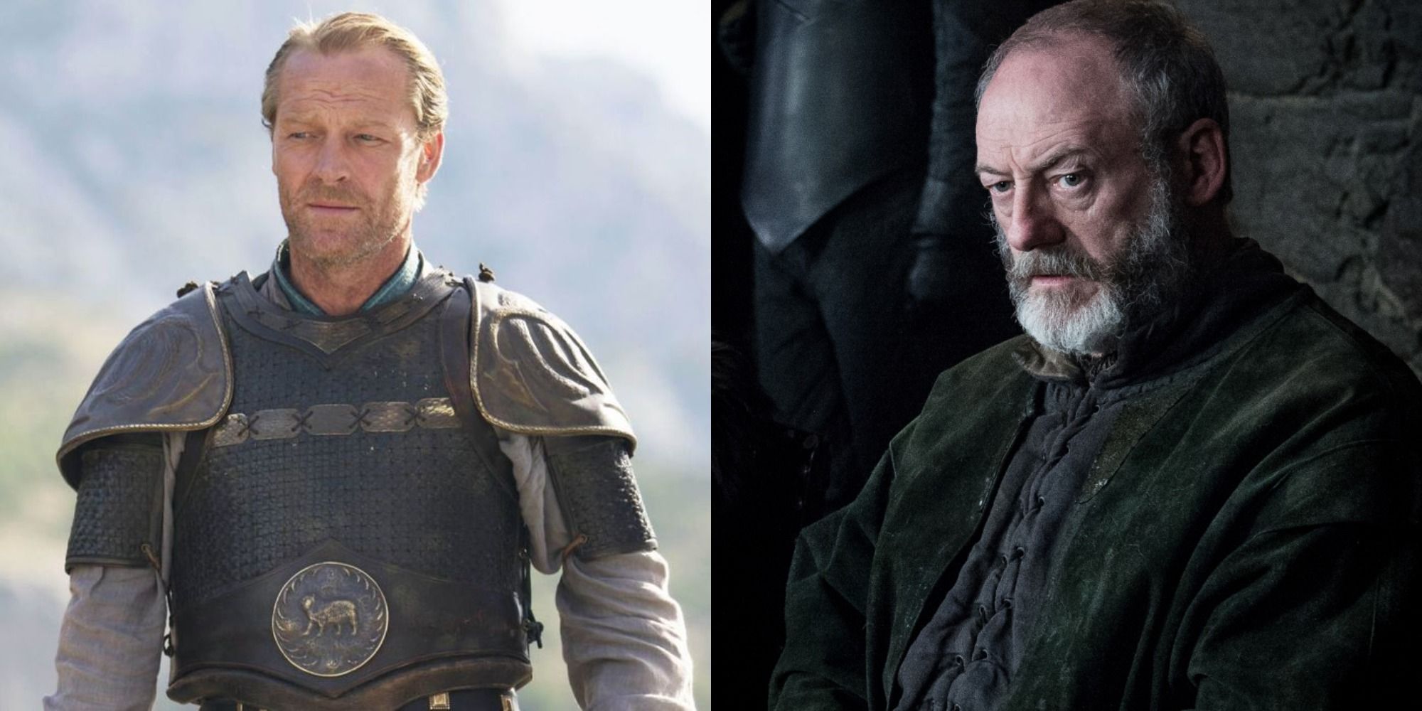 Split image of Iain Glen as Jorah Mormont and Liam Cunningham as Davos Seaworth in Game of Thrones