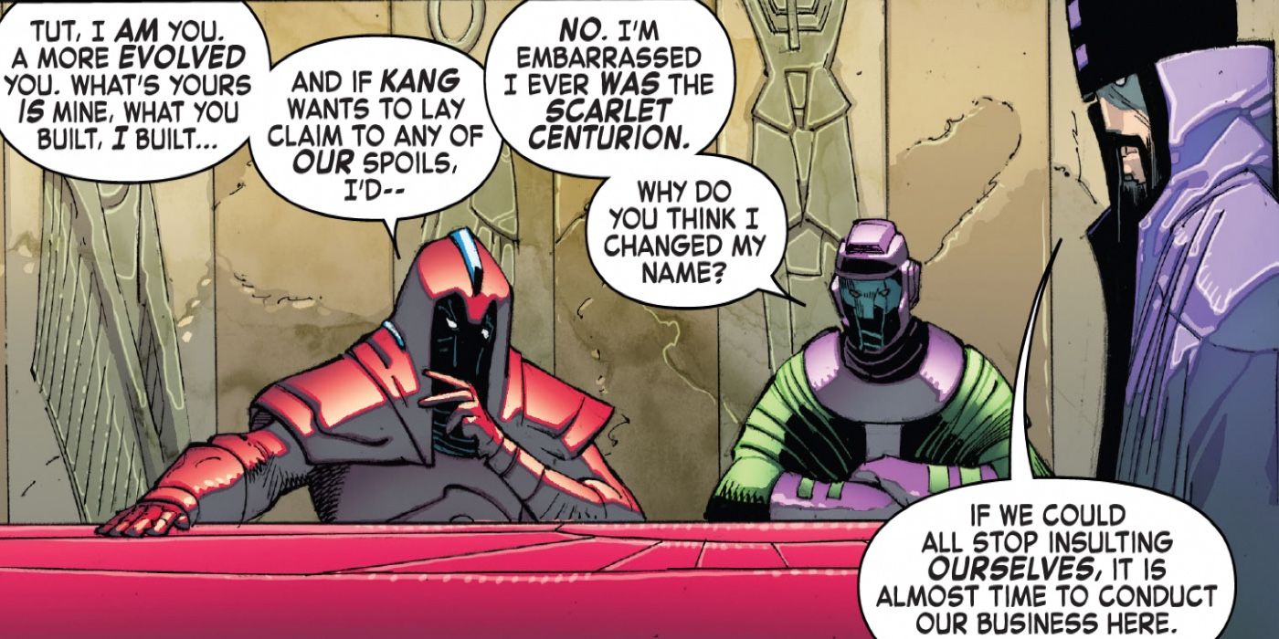 Kang insults the Scarlet Centurion while Immortus looks on in Marvel Comics.