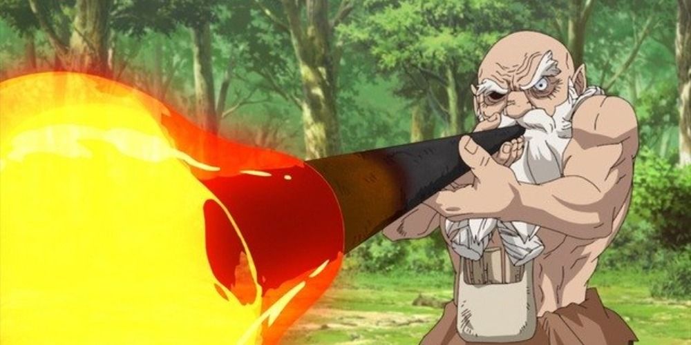 Kaseki from Dr Stone blowing glass with his shirt off