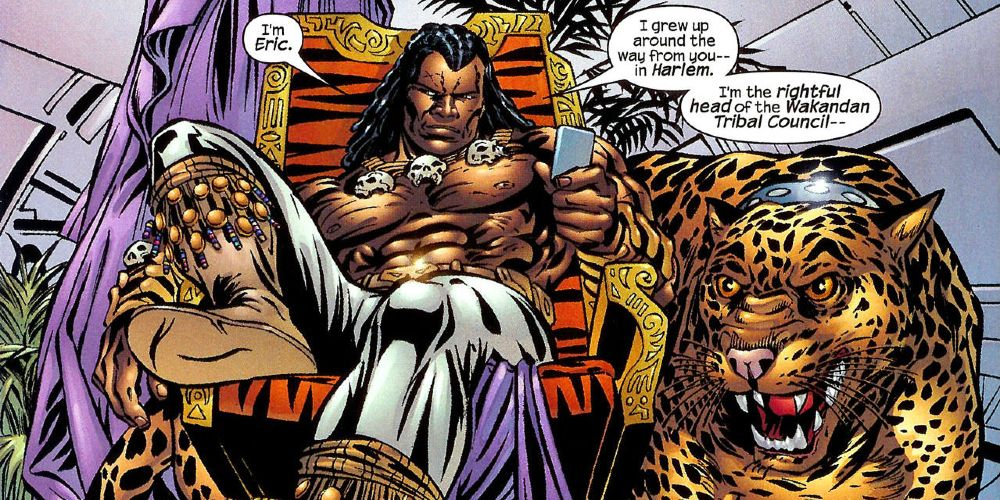 Killmonger sits on his throne in Marvel Comics.