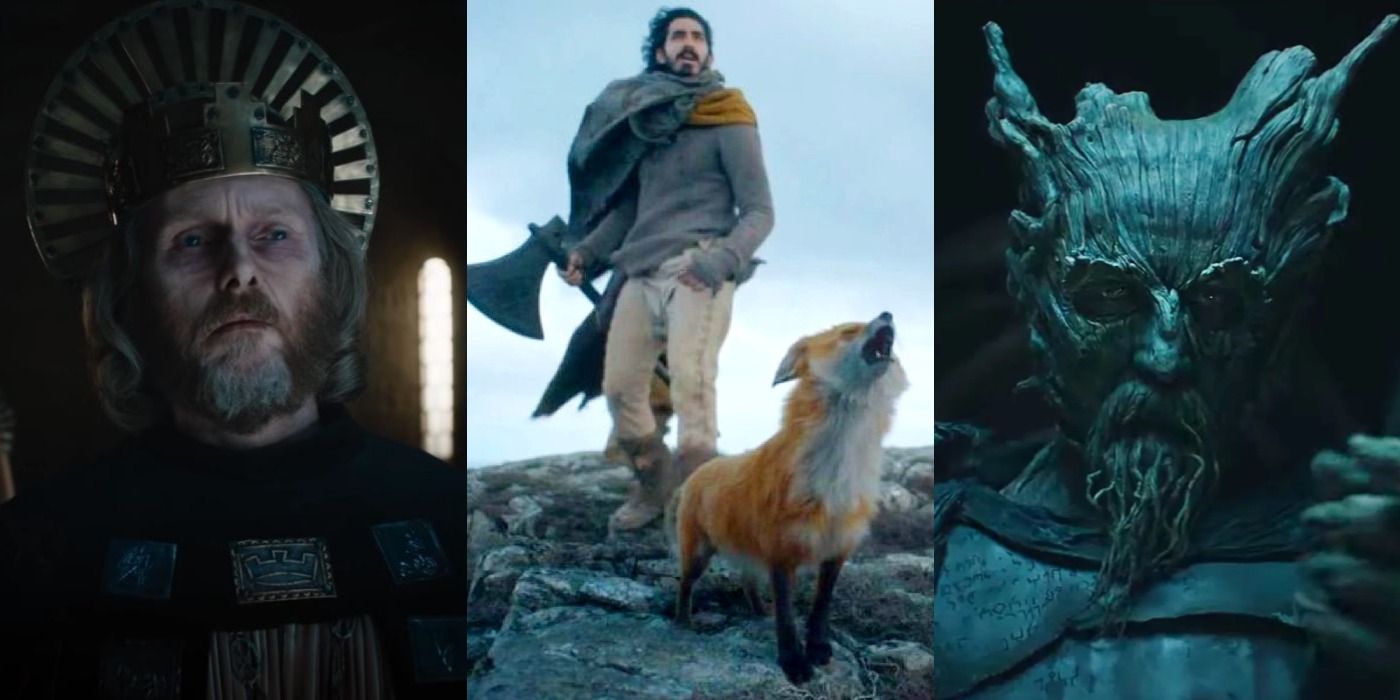 King Arthur, Sir Gawain and his fox, and the Green Knight in the film, The Green Knight