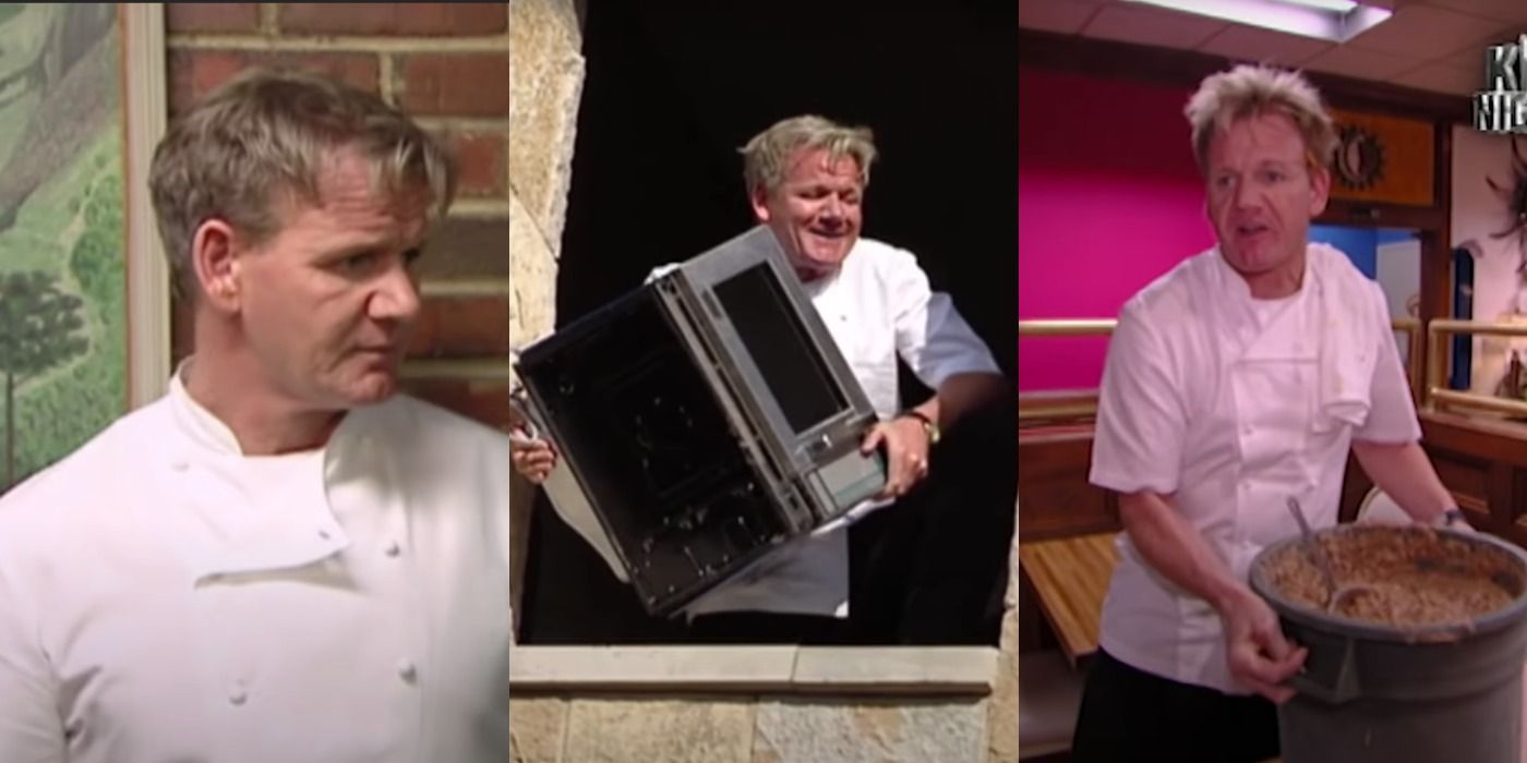 Split image of Gordon Ramsay looking disgusted, throwing a microwave out a window, and holding a tub of beans