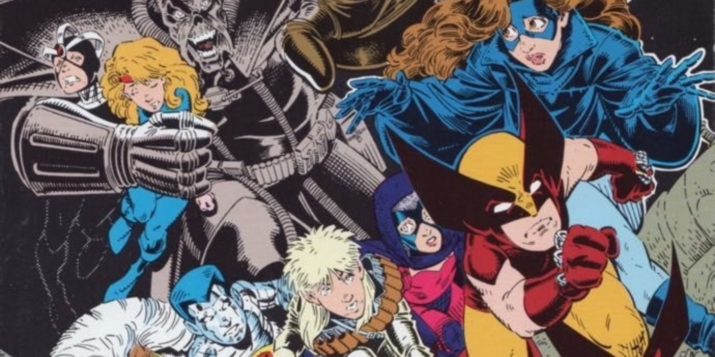 Kitty Pryde and the X-Babies flee Mojoworld in Marvel Comics.
