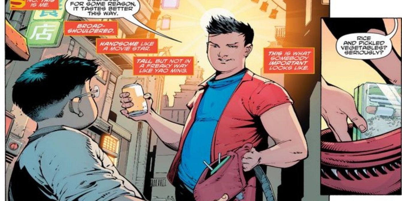 Kong Kenan holding a beer can and bullying a kid in a comic panel