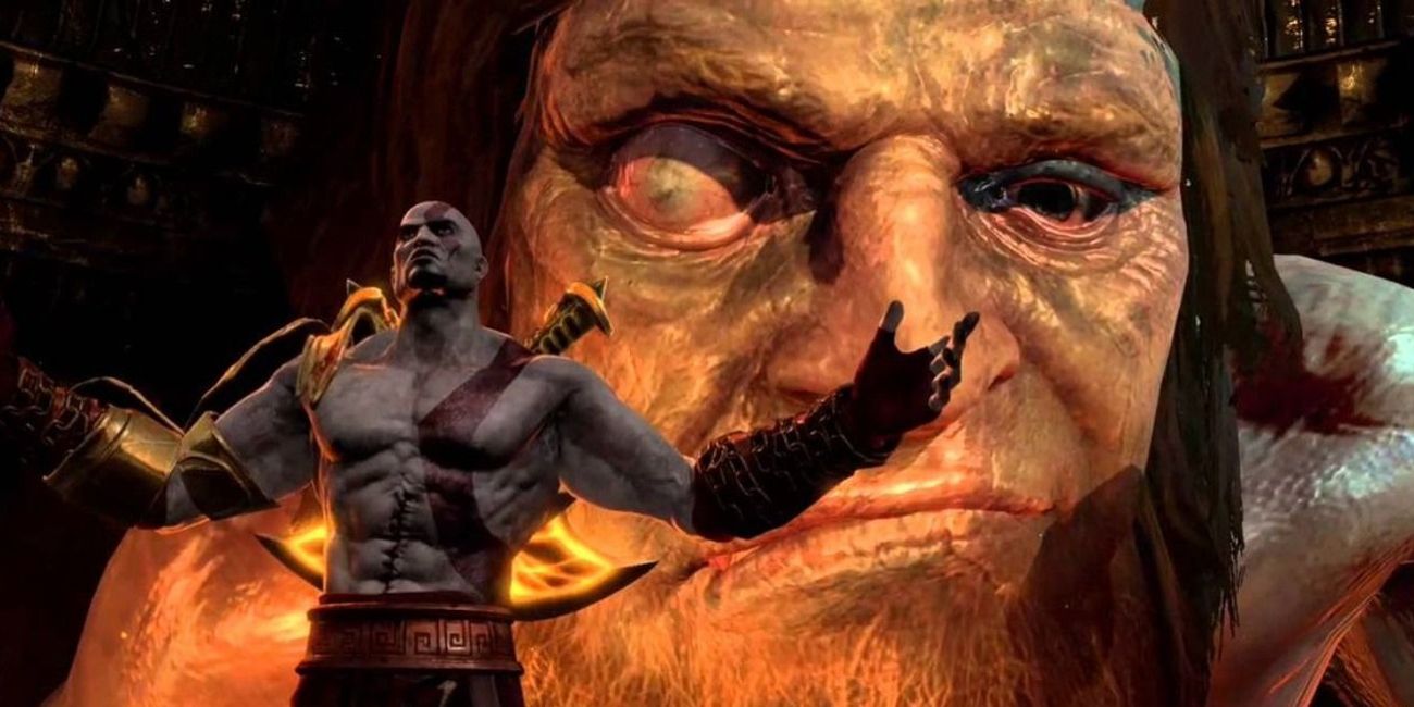 Kratos and Hephaestus in the video game God of War 3.