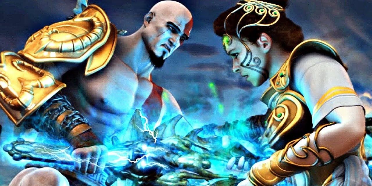 Uma imagem de Kratos matando Athena em God of War II
