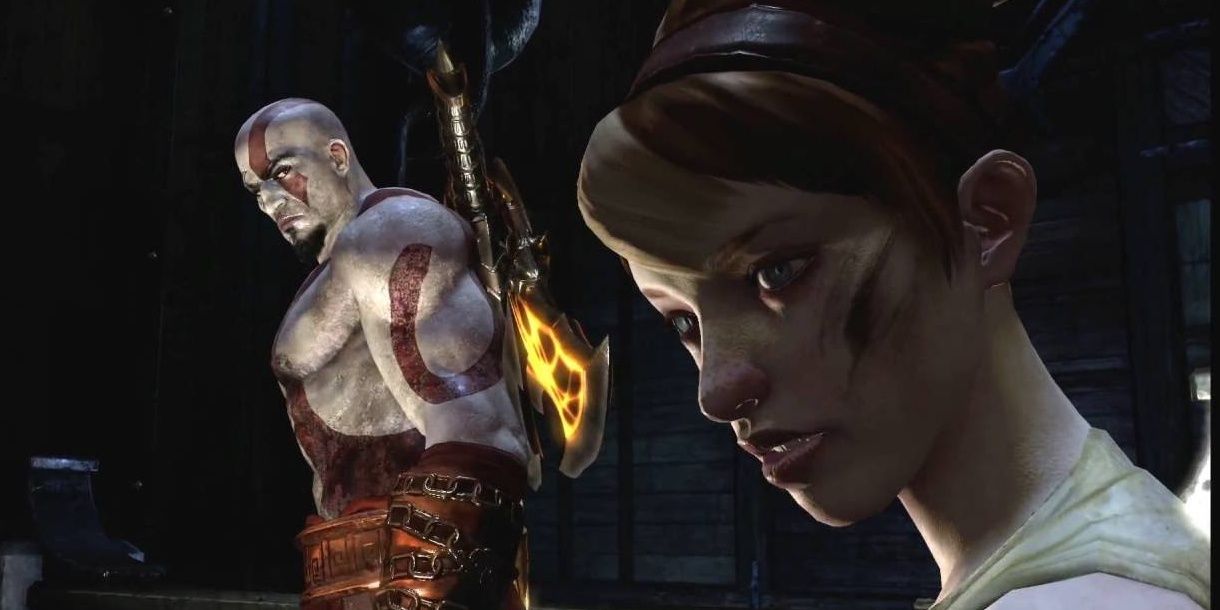 Kratos looks at Pandora in God of War III 