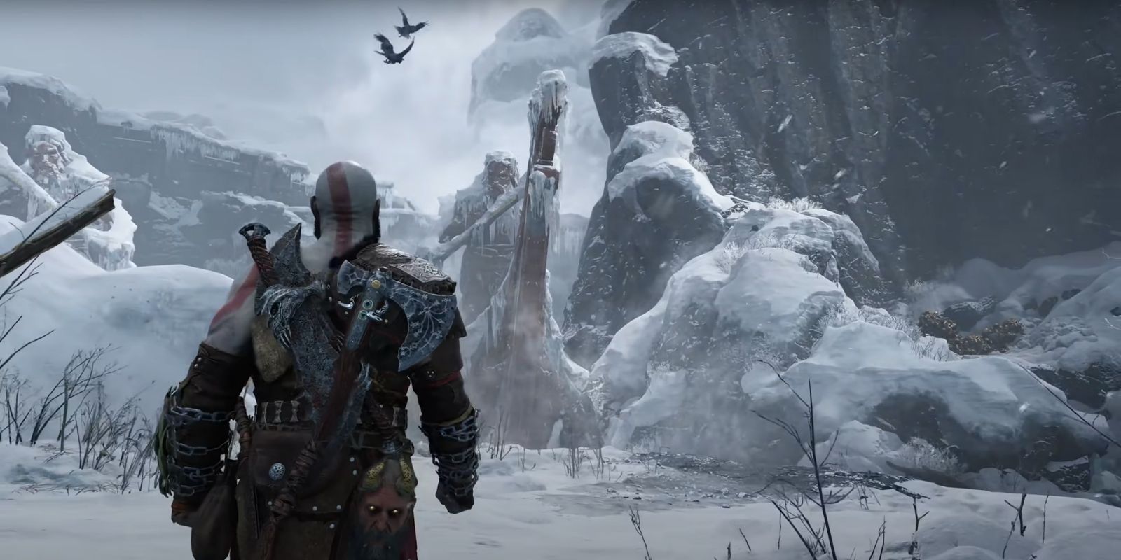 Kratos on an snow filled area in God of War Ragnarok