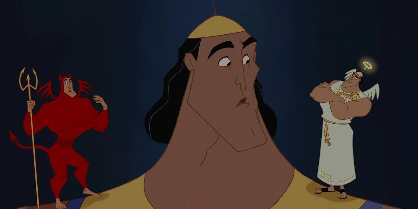 Kronk com seu ombro demônio e anjo em Disney The Emperor's New Groove