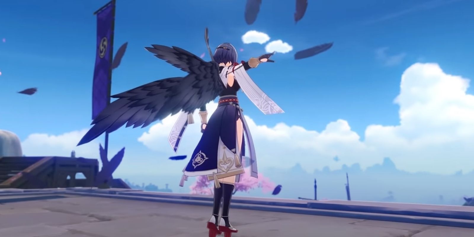 Genshin Impact's Kujou Sara shows her tengu wings in Inazuma City.