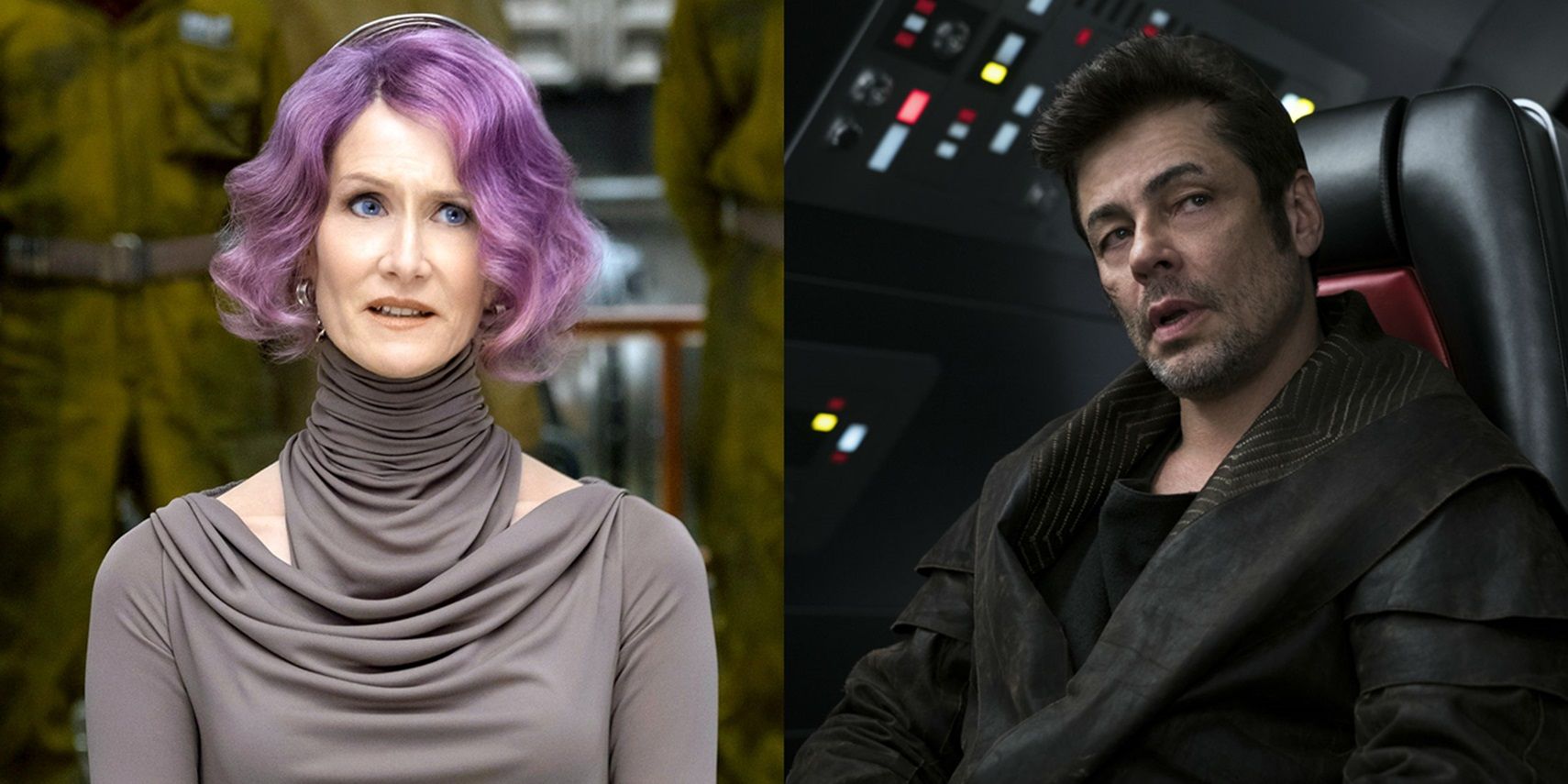 Split image of Laura Dern as Vice Admiral Holdo and Benicio del Toro as DJ in Star Wars The Last Jedi