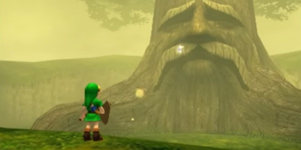 Link stands before the Great Deku Tree in The Legend of Zelda: Ocarina of Time.