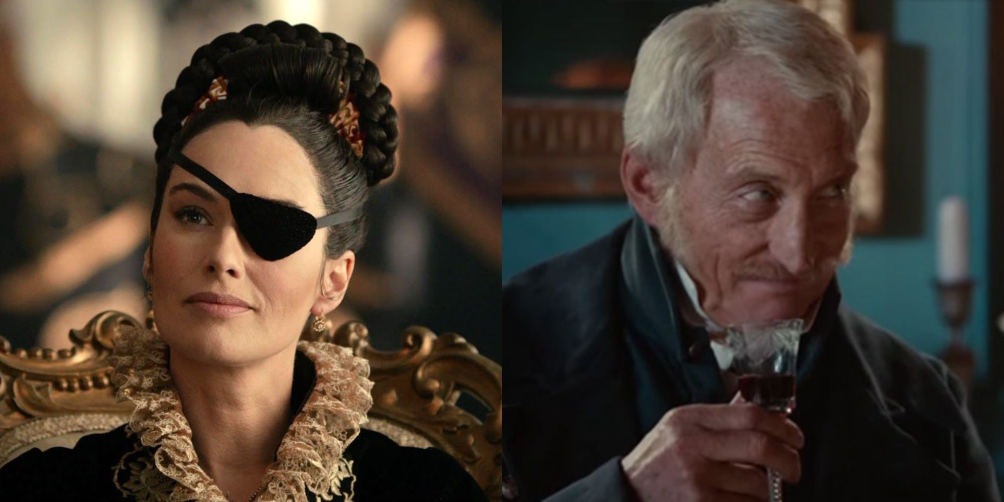 Split image of Lena Headey and Charles Dance in Pride and Prejudice and Zombies