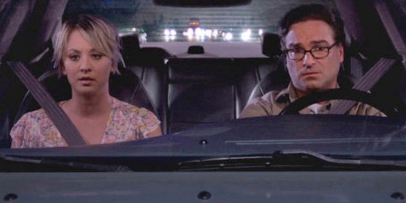 Leonard and Penny look serious in the car on TBBT