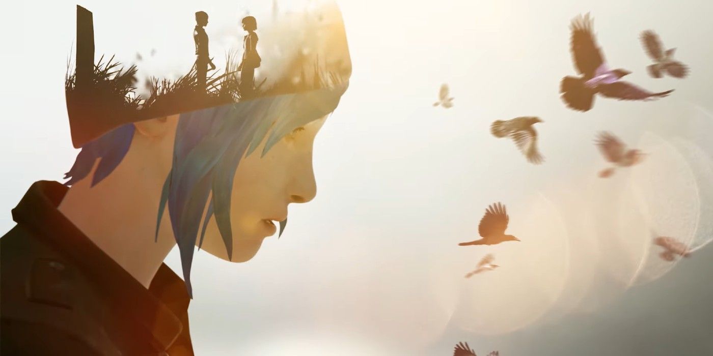 Superimposed image of Chloe with birds and Max in the background in Life is Strange.